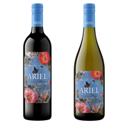 Two Ariel wine bottles on a plain white background: a dark red wine bottle labeled Cabernet Sauvignon and a pale green wine bottle labeled Chardonnay, both with blue caps and matching floral labels.