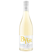 A bottle of Butter Zero non-alcoholic white wine, featuring a pale yellow liquid inside a clear glass bottle with a white label and silver cap, set against a plain white background.