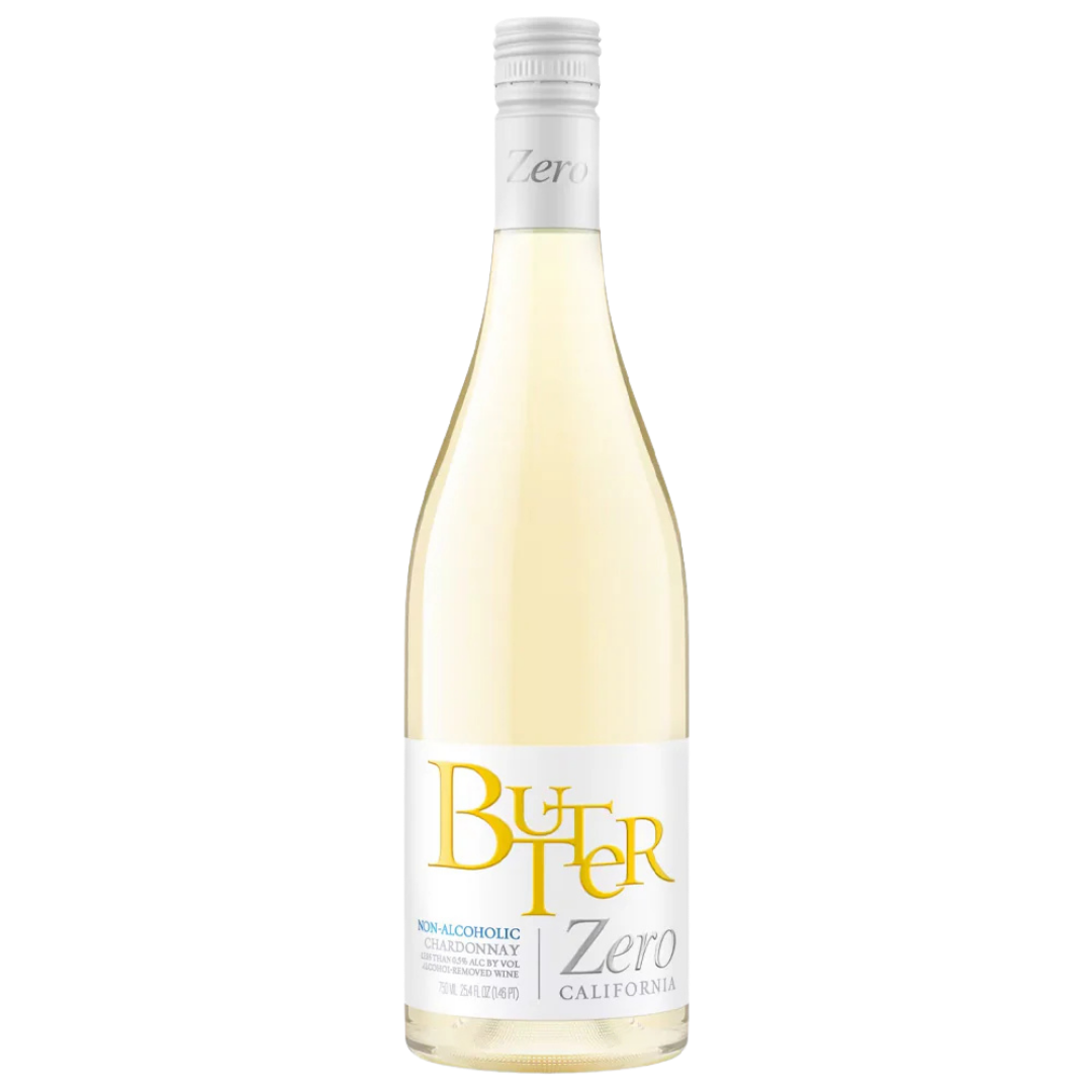 A bottle of Butter Zero non-alcoholic white wine, featuring a pale yellow liquid inside a clear glass bottle with a white label and silver cap, set against a plain white background.