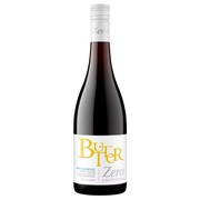 A bottle of Butter Zero non-alcoholic fruity white wine, featuring a dark glass body, a white label with yellow and gray lettering, and a white screw cap, set against a plain white background.