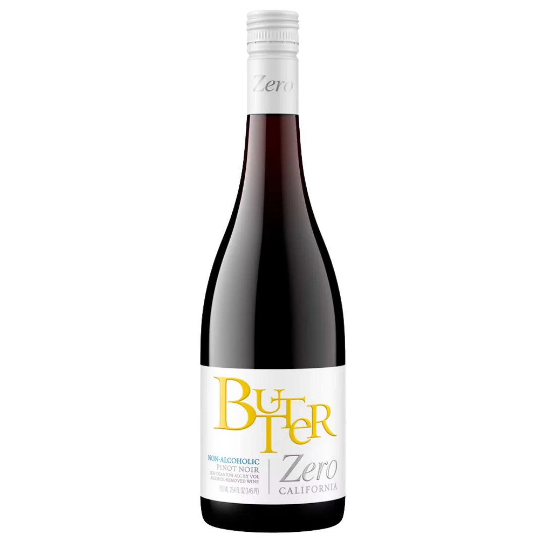 A bottle of Butter Zero non-alcoholic fruity white wine, featuring a dark glass body, a white label with yellow and gray lettering, and a white screw cap, set against a plain white background.
