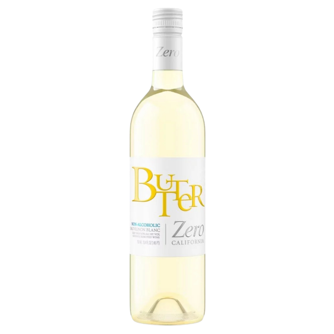 A bottle of Butter Zero non-alcoholic white wine on a plain white background.