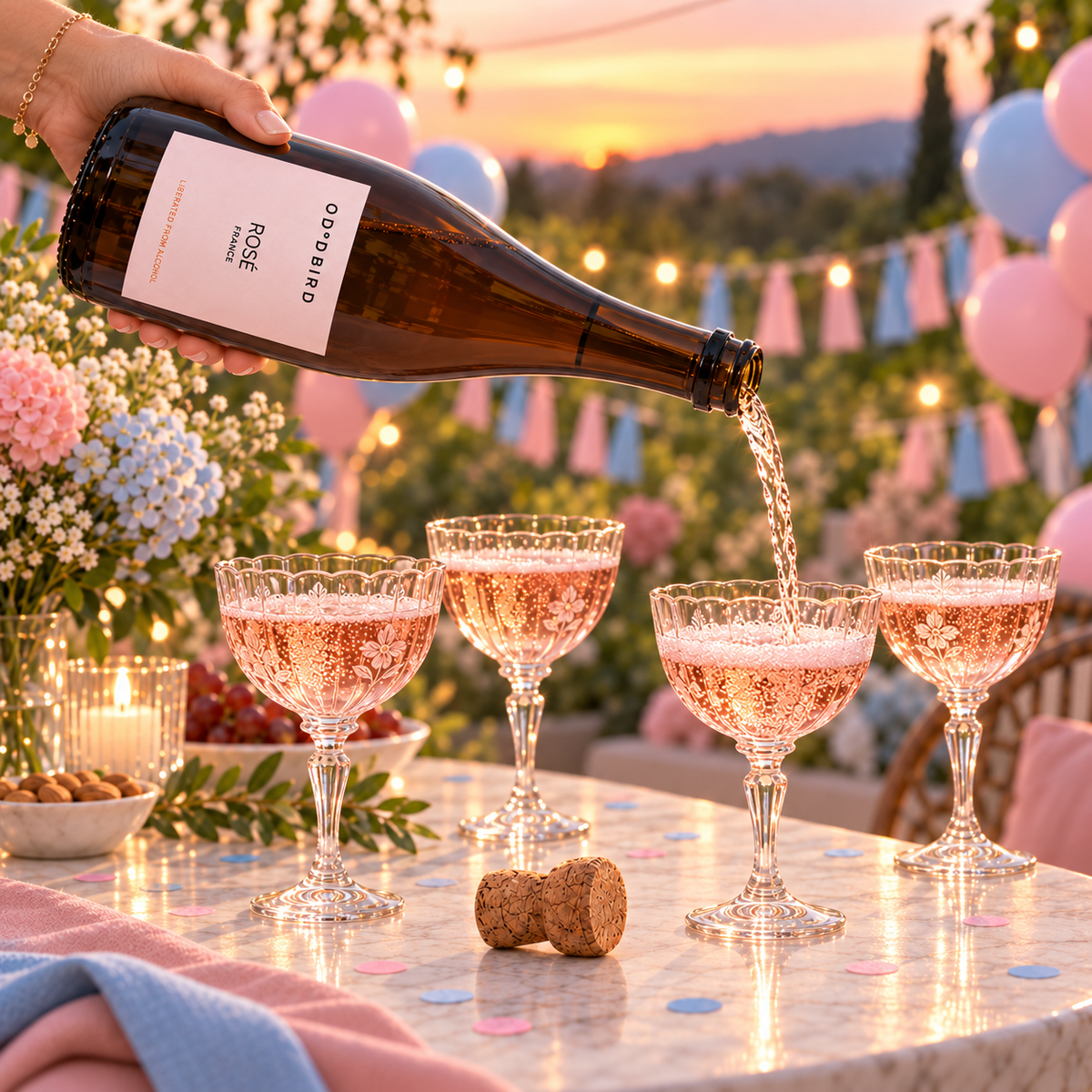 A hand pours sparkling rosé wine from a brown glass bottle labeled 'D'ORBADO Rosé Vin' into four crystal champagne flutes on a decorated outdoor table at sunset, with balloons, flowers, candles, and a cork on the table.