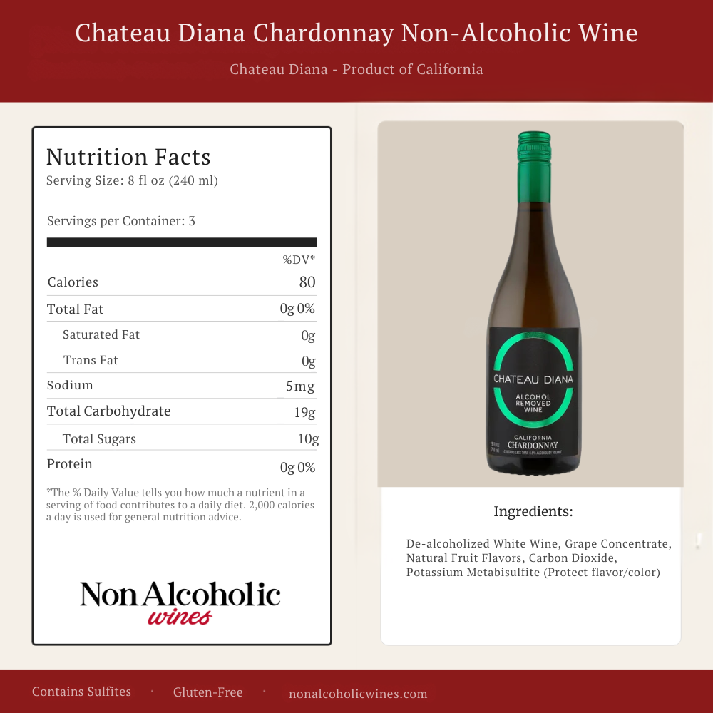 Chateau Diana Chardonnay Non-Alcoholic Wine with nutrition facts and product details.