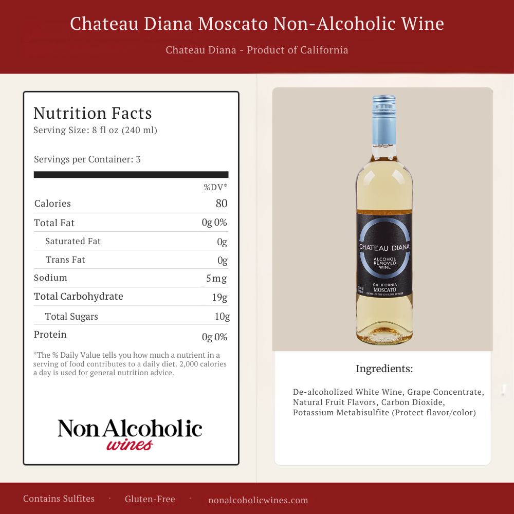 Chateau Diana Moscato Non-Alcoholic Wine bottle with nutrition facts on a beige background