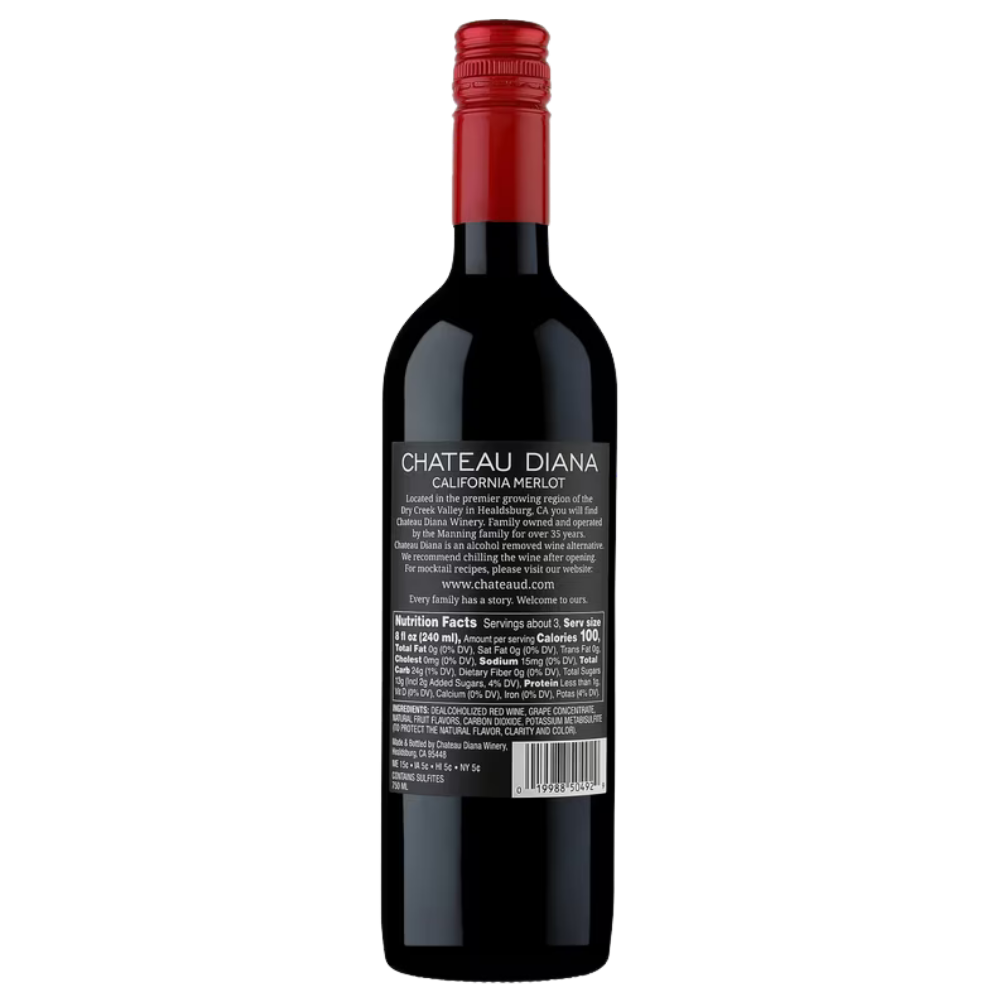 Back view of a Chateau Diana Merlot red wine bottle on a white background