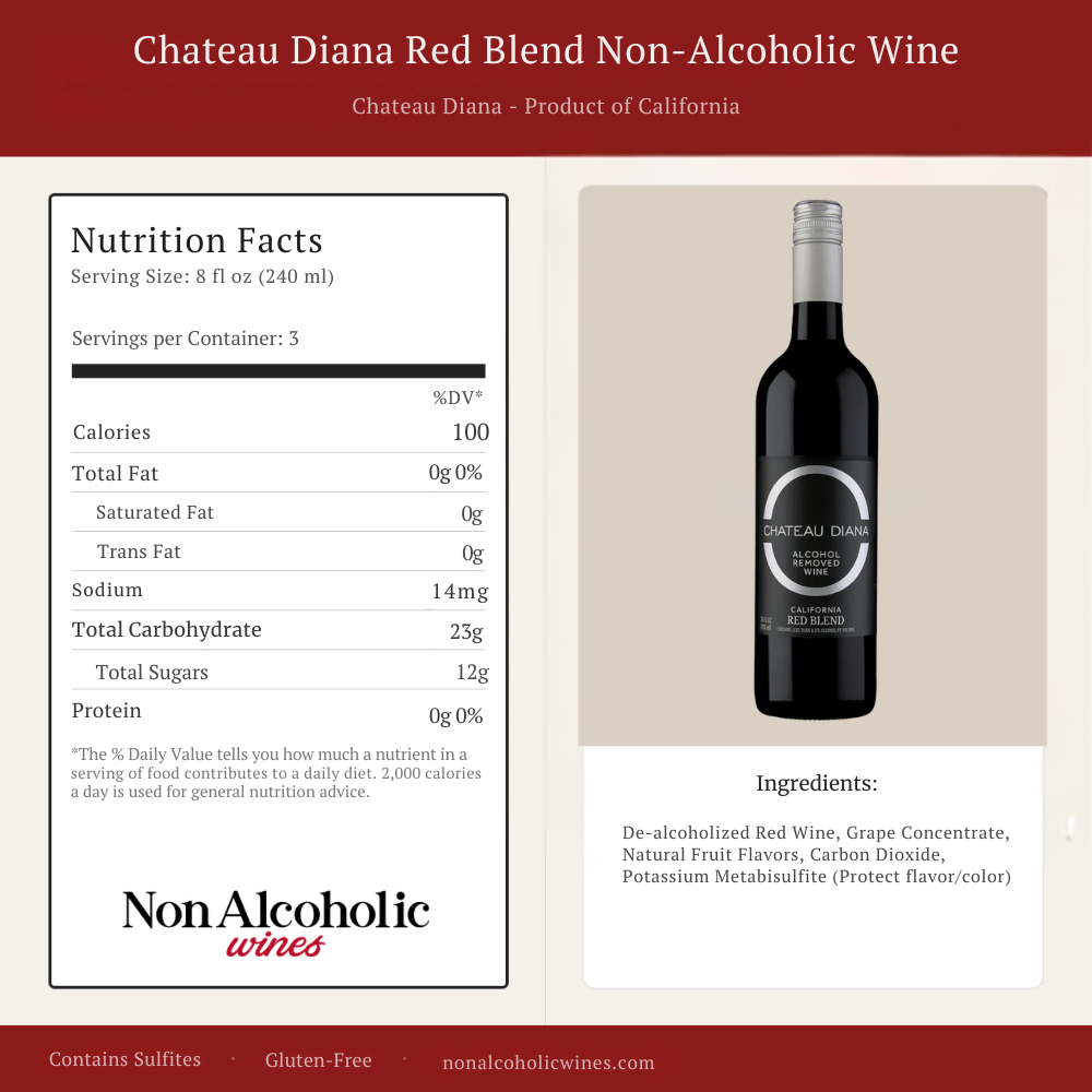Chateau Diana Red Blend Non-Alcoholic Wine bottle with nutrition facts label on a beige background