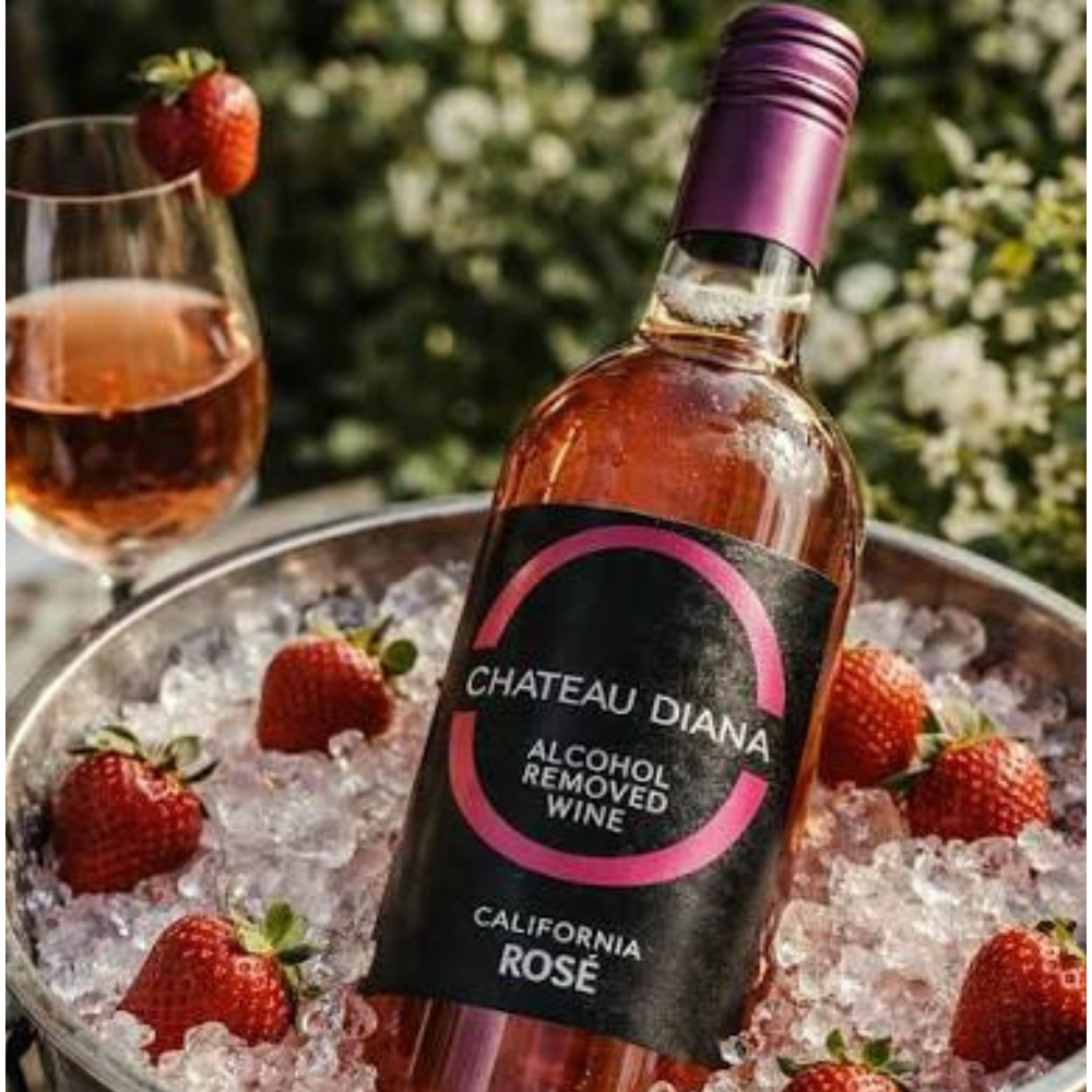 Bottle of Chateau Diana Alcohol Removed Wine with a glass of wine and strawberries on ice.