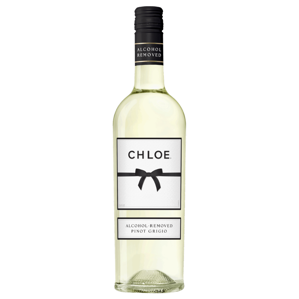 A bottle of Chloe Alcohol Removed Pinot Grigio white wine, featuring a white label with a black bow graphic and a black screw cap, set against a plain white background.