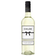 A bottle of Chloe Alcohol Removed Pinot Grigio white wine, featuring a white label with a black bow graphic and a black screw cap, set against a plain white background.