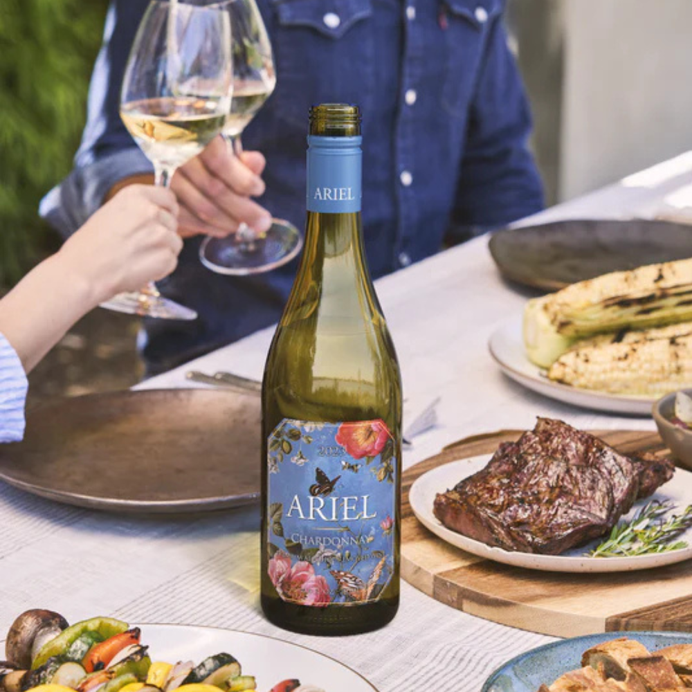 Ariel Chardonnay Non-Alcoholic Wine on table with food 