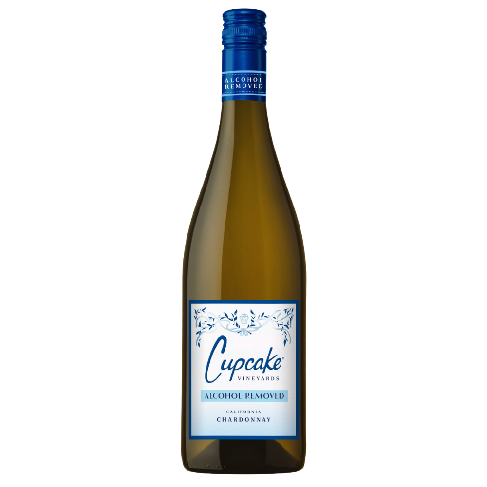 A bottle of Cupcake Vineyards Alcohol Removed Chardonnay white wine, featuring a green glass bottle with a blue foil cap and a white label with blue text and floral details, set against a plain white background.