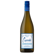 A bottle of Cupcake Vineyards Alcohol Removed Chardonnay white wine, featuring a green glass bottle with a blue foil cap and a white label with blue text and floral details, set against a plain white background.