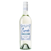 A bottle of Cupcake Vineyards Alcohol Remover for California Sauvignon Blanc, featuring a white label with blue floral accents and a white screw cap, set against a plain white background.
