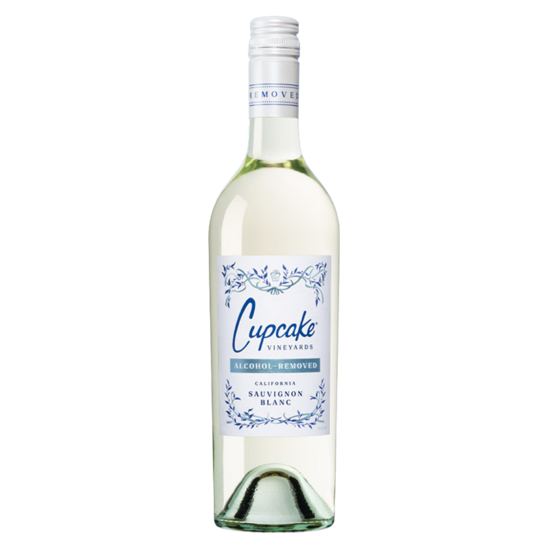 A bottle of Cupcake Vineyards Alcohol Remover for California Sauvignon Blanc, featuring a white label with blue floral accents and a white screw cap, set against a plain white background.