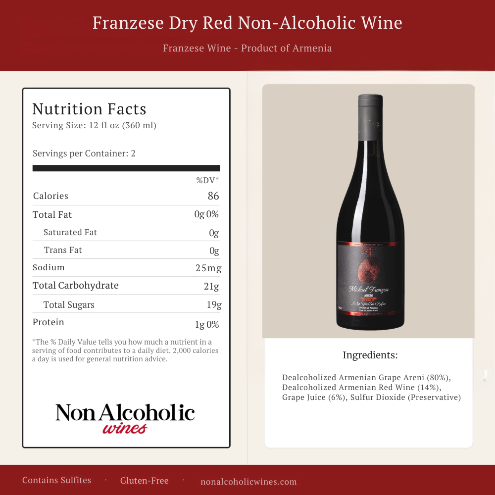 Franzese Dry Red Non-Alcoholic Wine with nutrition facts and bottle image on a beige background