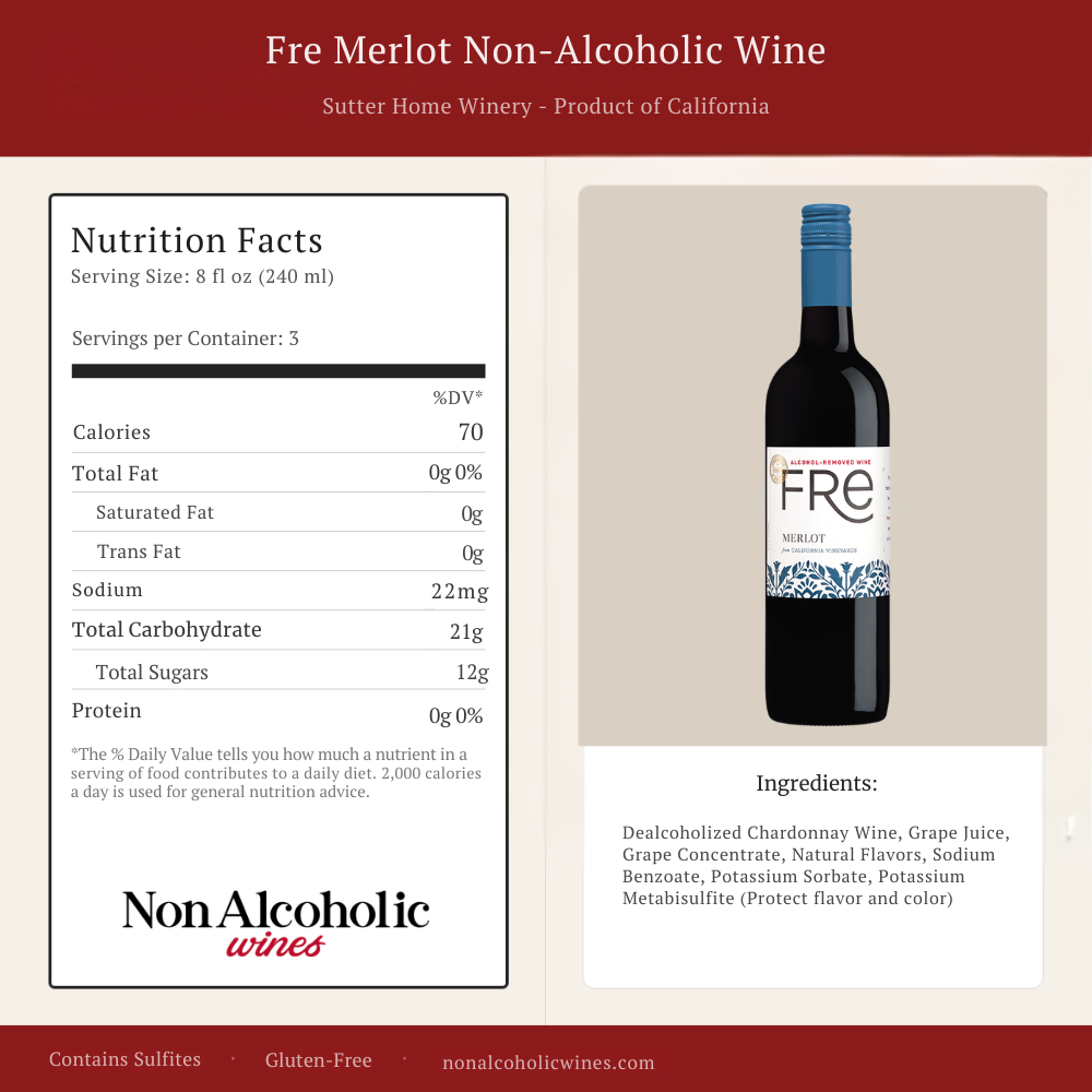 Fre Merlot Non-Alcoholic Wine bottle with nutrition facts label on a beige background