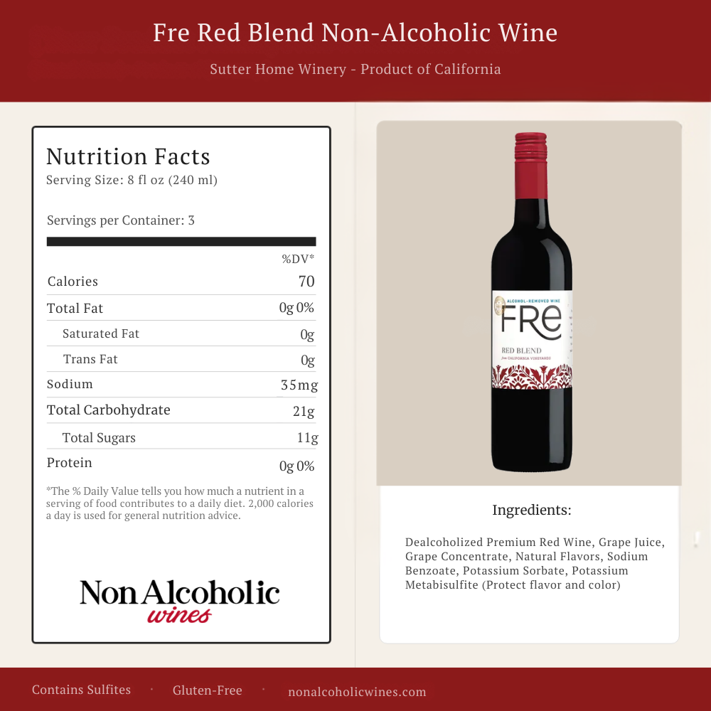 Bottle of Fre Red Blend Non-Alcoholic Wine with nutrition facts and product details on a beige background.