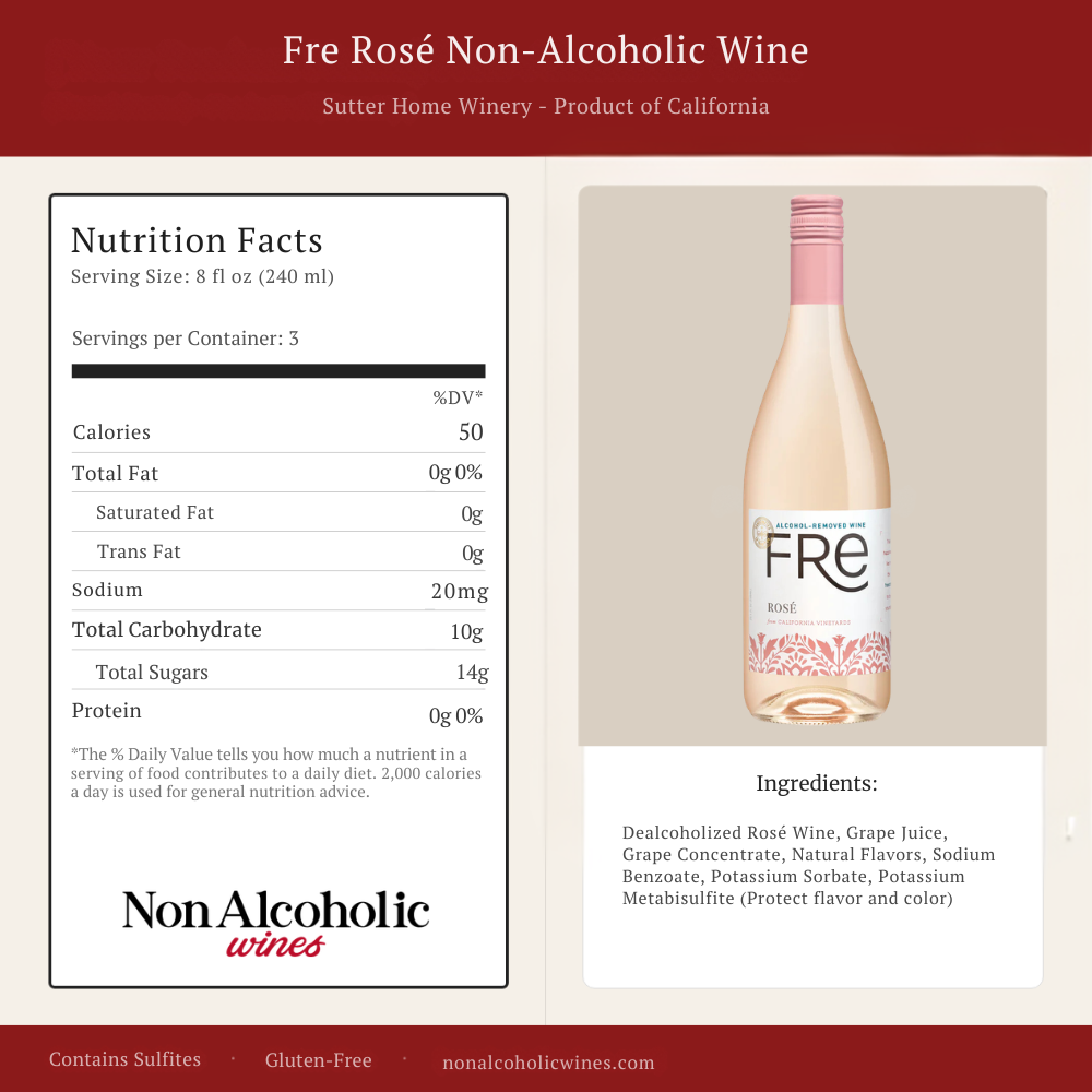 Fre Rosé Non-Alcoholic Wine bottle with nutrition facts label on a beige background