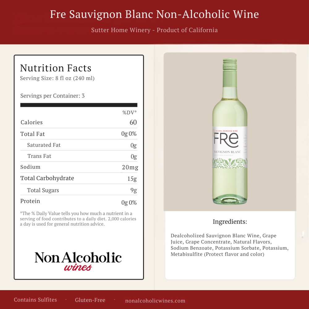 Non-alcoholic Fre Sauvignon Blanc wine bottle with nutrition facts label on a beige background