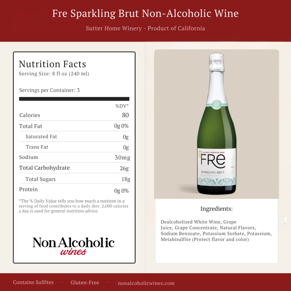Non-alcoholic wine bottle with nutrition facts panel on a beige background