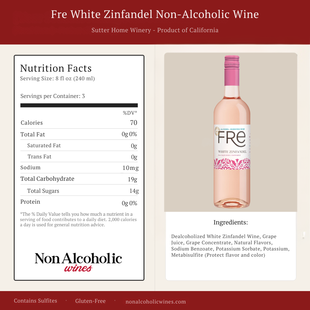 Fre White Zinfandel Non-Alcoholic Wine bottle with nutrition facts label on a beige background