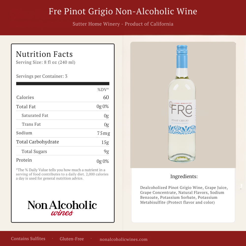 Fre Pinot Grigio Non-Alcoholic Wine bottle with nutrition facts label on a beige background