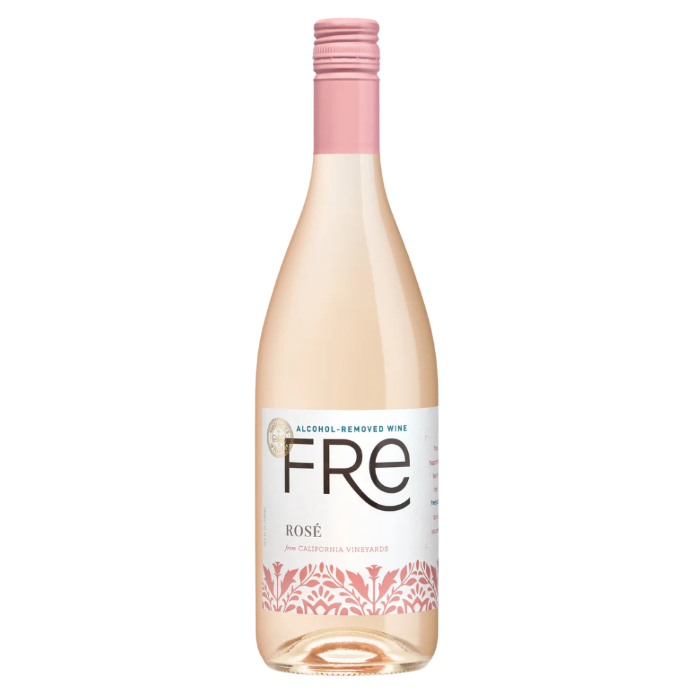 Bottle of FRE Rosé alcohol-free wine on a white background