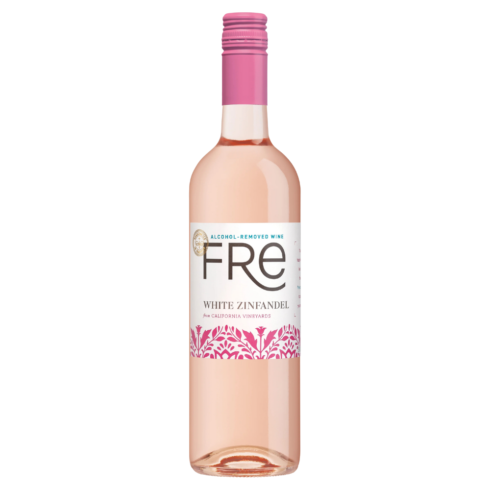 Bottle of FRE White Zinfandel wine on a white background