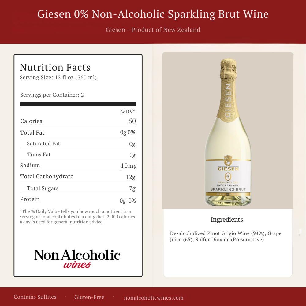 Giesen 0% Non-Alcoholic Sparkling Brut Wine bottle with nutrition facts and ingredients listed.