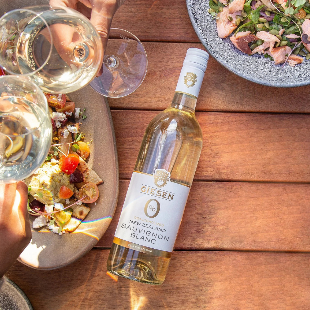 Giesen Sauvignon Blanc on table with salad