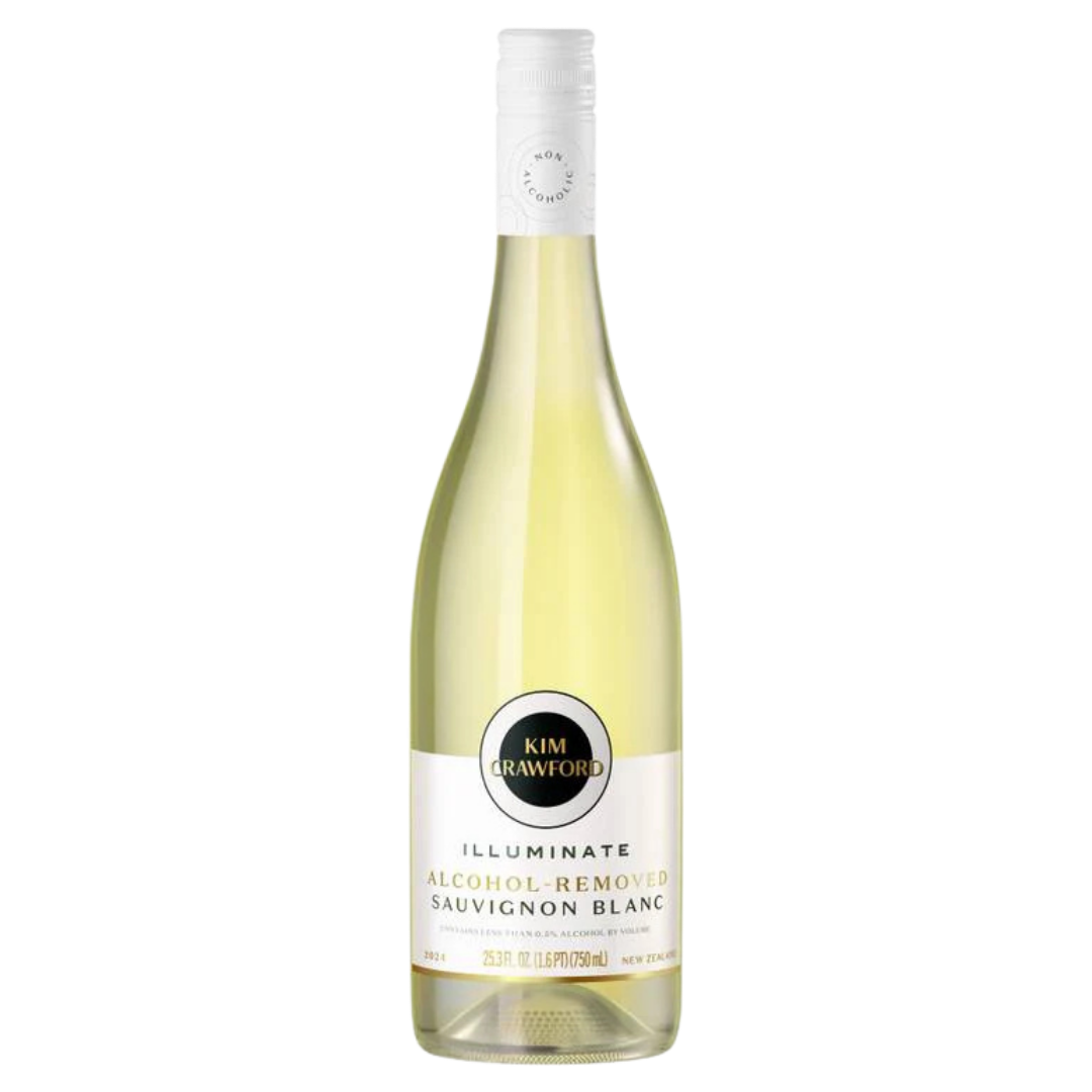A bottle of Kim Crawford Illuminate Alcohol Remover for Sauvignon Blanc, showing the pale yellow liquid inside a clear glass bottle with a white label and white capsule cap, set against a plain white background.