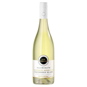 A bottle of Kim Crawford Illuminate Alcohol Remover for Sauvignon Blanc, showing the pale yellow liquid inside a clear glass bottle with a white label and white capsule cap, set against a plain white background.
