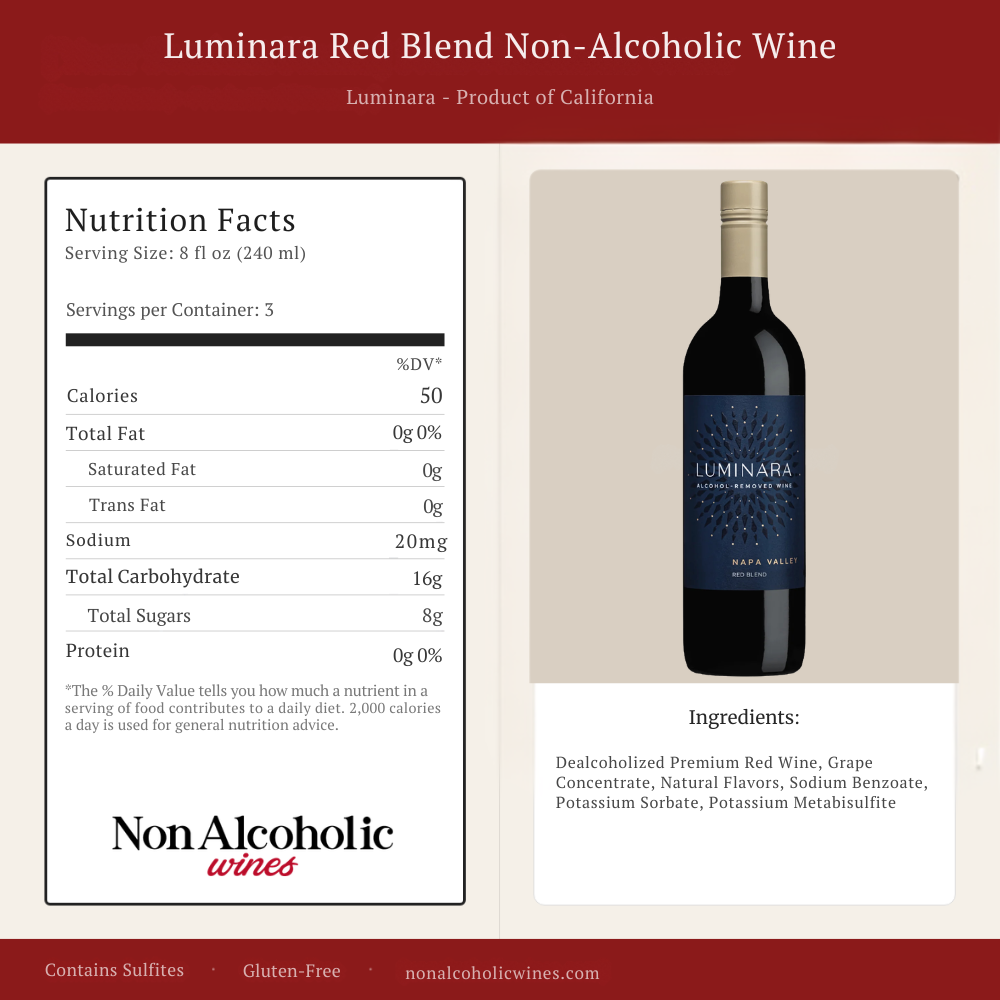 Luminara Red Blend Nutritional Label and calories with beige background