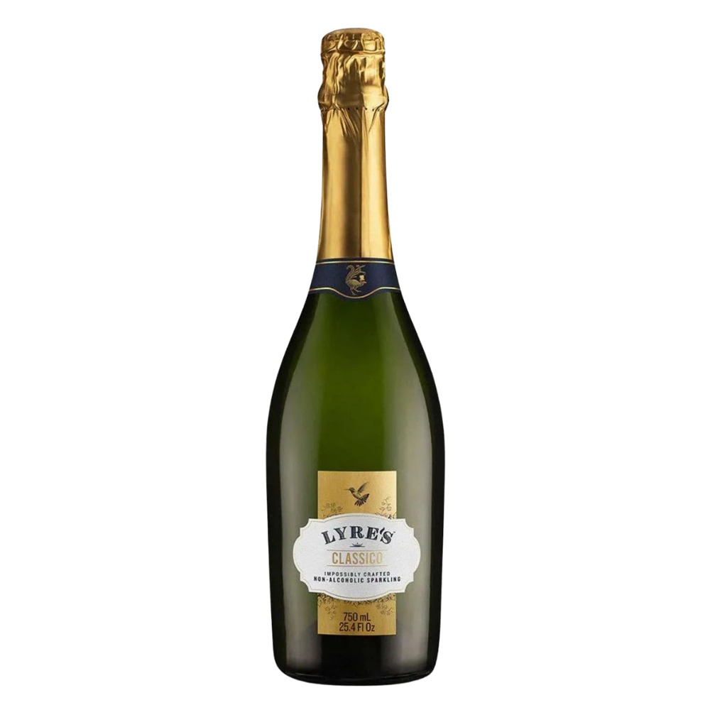 A bottle of Lyre's Classic Non-Alcoholic Sparkling Wine with a dark green glass body, gold foil neck, and a gold and white label, shown against a plain white background.