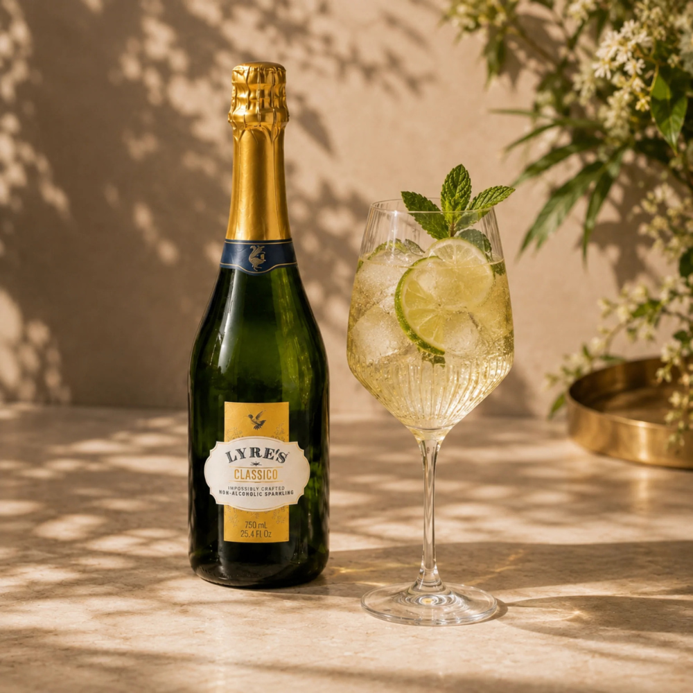 A bottle of Lyre's Classic Brut Non-Alcoholic Sparkling Wine stands beside a stemmed glass filled with a light bubbly cocktail, lime slices, and mint leaves on a sunlit beige surface.