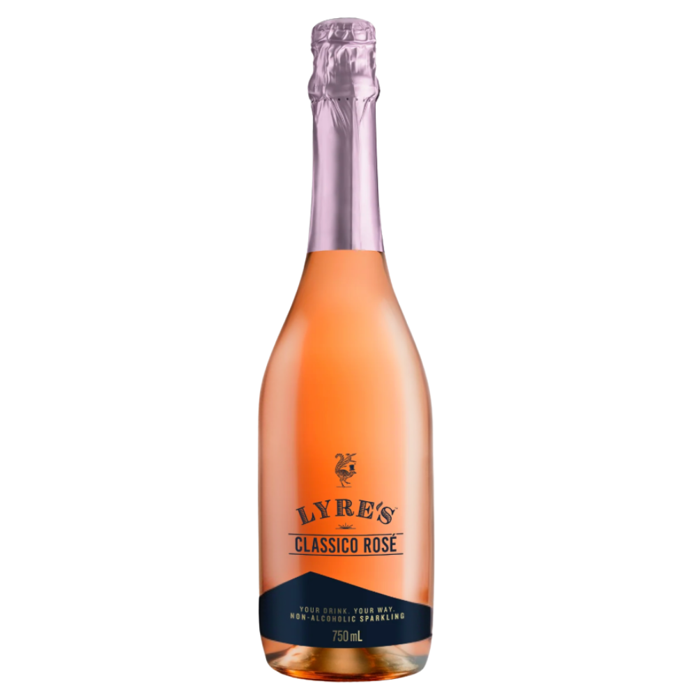 A bottle of Lyre's Classico Rose non-alcoholic sparkling wine, showing the peach-colored liquid inside a glass bottle with a dark navy and gold label and a light purple foil neck, isolated on a white background.