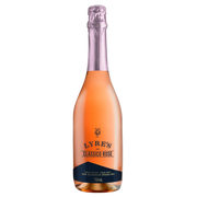 A bottle of Lyre's Classico Rose non-alcoholic sparkling wine, showing the peach-colored liquid inside a glass bottle with a dark navy and gold label and a light purple foil neck, isolated on a white background.