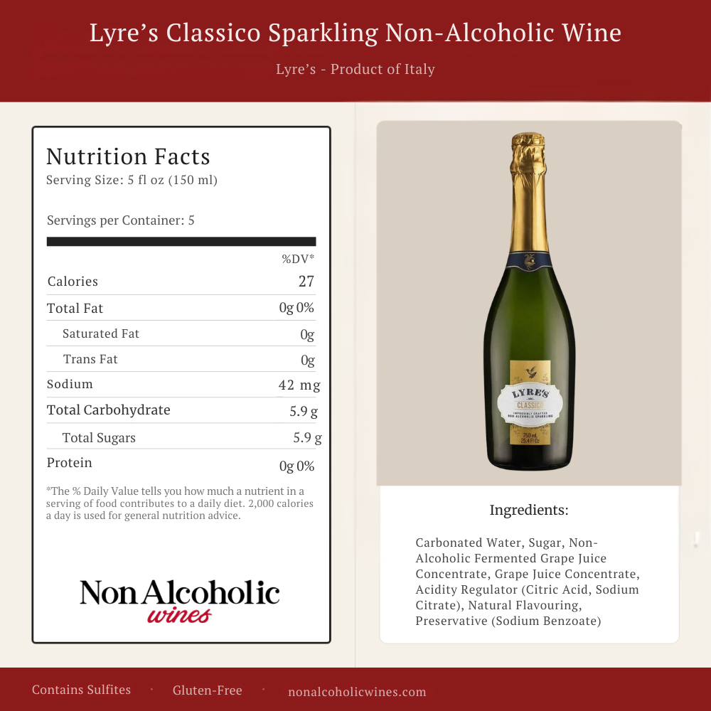 Lyre's Classico Sparkling Non alcoholic wine nutritional table with nutritional facts breakdown on a easy to read table