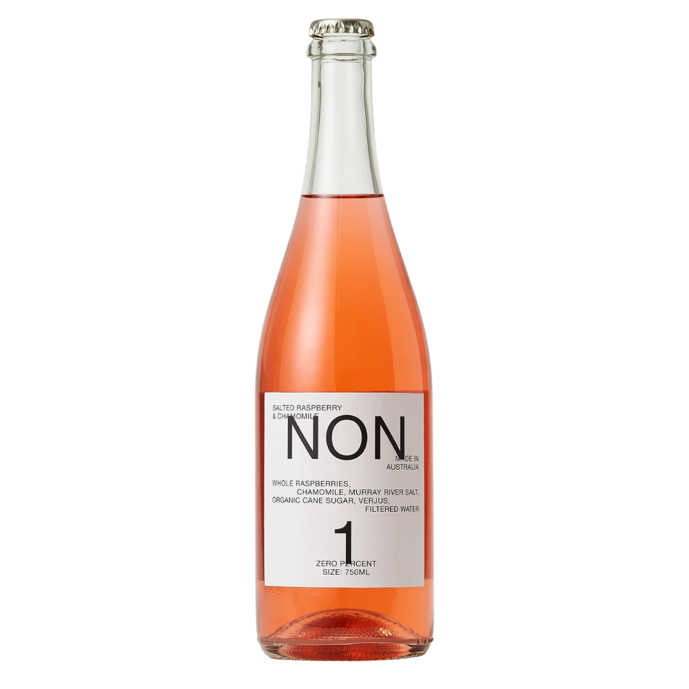 A bottle of Non 1 Zero Raspberry Sparkling Water with a white label and silver cap, filled with pinkish-rose liquid, on a white background.