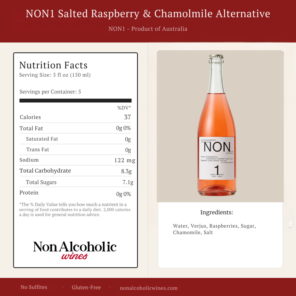 A product information graphic for Non1 Salted Raspberry & Chamomile Alternative wine. The left side shows a Nutrition Facts panel, and the right side shows a glass bottle filled with pink liquid on a beige background with an ingredients list below.