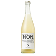 A bottle of Non 3% Non-Alcoholic Sparkling Cinnamon Orange juice, featuring a clear glass bottle filled with pale golden liquid and a white label with black text, set against a plain white background.