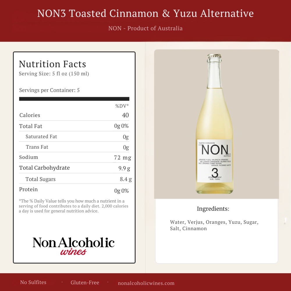 Product information card for Non3 Toasted Cinnamon & Yuzu Alternative wine, showing a nutrition facts panel, ingredients list, and a bottle of pale golden wine on a beige background with a dark red header.