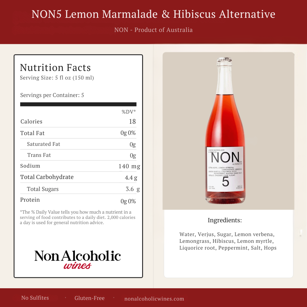 A product information card for NON5 Lemon Marmalade & Hibiscus Alternative wine. The left side shows a nutrition facts panel, and the right side shows a glass bottle filled with pink liquid and a white label reading NON 5.