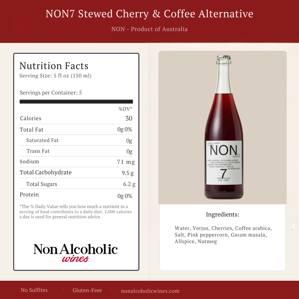 Product information card for Non7 Stewed Cherry & Coffee Alternative wine. Left side shows Nutrition Facts panel; right side shows a tall glass bottle with dark red liquid and a white label reading NON7.