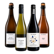 Four O'o Bird wine bottles arranged side by side on a white background, including Blanc de Blancs, Presence, Cuvée, and Rosé Française.