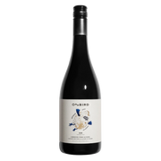 A bottle of O'Bird Organic Winery GAW Crispet Percolat Non-Alcoholic wine, featuring a dark glass bottle with a black cap and a cream-colored label decorated with a blue and gold bird illustration.
