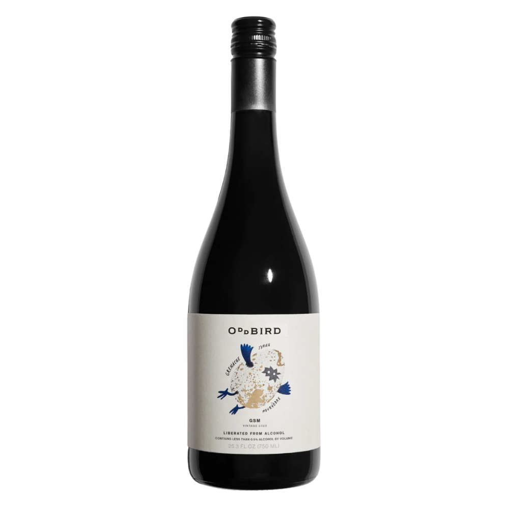 A bottle of O'Bird Organic Winery GAW Crispet Percolat Non-Alcoholic wine, featuring a dark glass bottle with a black cap and a cream-colored label decorated with a blue and gold bird illustration.