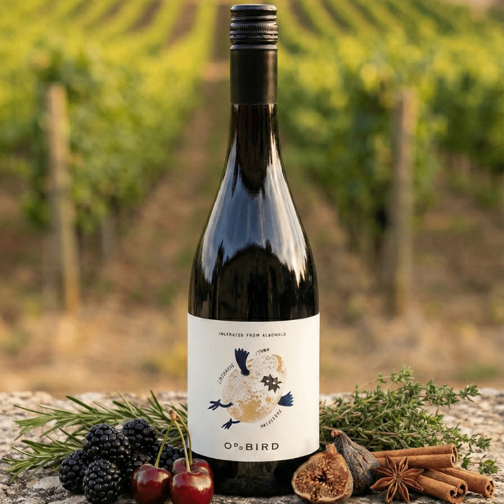 A bottle of O'N Bird wine stands on a stone surface with grapes and harvest ingredients like blackberries, cherries, figs, cinnamon, and thyme arranged around it. The background shows a blurred vineyard.
