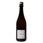 A dark brown glass bottle of O'Bird Blanc de Blancs non-alcoholic sparkling wine, featuring a white label and a dark wire cage closure, set against a plain white background.